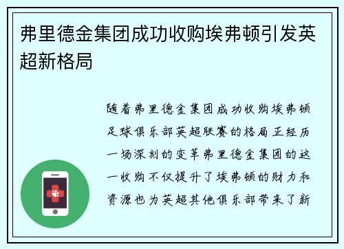 弗里德金集团成功收购埃弗顿引发英超新格局